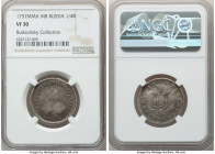 Elizabeth Polupoltinnik (1/4 Rouble) 1757 ММД-MБ VF30 NGC, Red mint, KM-C17a, Bit-178. Light planchet flaws and surface porosity. Scarce. 

HID0980124...