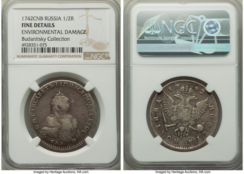 Elizabeth Poltina (1/2 Rouble) 1742-CПБ Fine Details (Environmental Damage) NGC,...