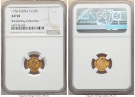 Elizabeth gold Poltina (1/2 Rouble) 1756 AU50 NGC, Red mint, KM-C21.1, Bit-71 (R). Only minor marks, with a nice strike. A very scarce issue. 

HID098...