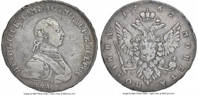 Peter III Poltina (1/2 Rouble) 1762 MMД-ДМ VF Details (Damaged) NGC, Moscow mint, KM-C46.1, Bit-10 (R). A pleasing and moderately handled rendition of...