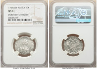 Catherine II 20 Kopecks 1767-CПБ MS61 NGC, St. Petersburg mint, KM-C63a.2, Bit-374. Well struck, with bright silvery mint luster. A scratch is noted i...