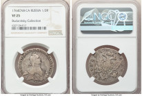 Catherine II Poltina (1/2 Rouble) 1764 CПБ-CA VF25 NGC, St. Petersburg mint, KM-C66.2a, Bit-275. Variety with scarf on neck. Noticeable contact marks ...