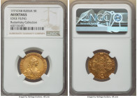 Catherine II gold 5 Roubles 1771 CПБ-TI AU Details (Edge filing) NGC, St. Petersburg mint, KM-C78a, Bit-67 (R1). Narrow portrait. Sharply struck, with...