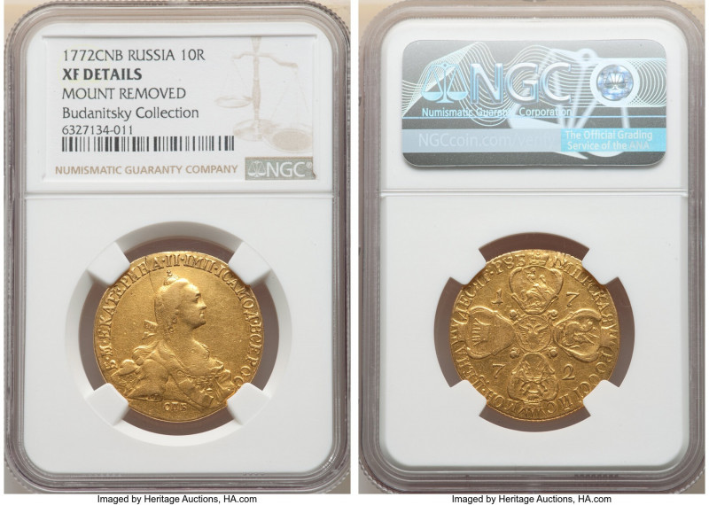Catherine II gold 10 Roubles 1772 CПБ-TI XF Details (Mount Removed) NGC, St. Pet...