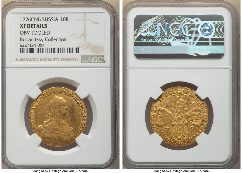 Catherine II gold 10 Roubles 1776 CПБ-TI XF Details (Obverse Tooled) NGC, St. Pe...