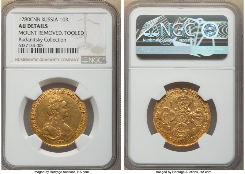 Catherine II gold 10 Roubles 1780-CПБ AU Details (Mount Removed, Tooled) NGC, St...