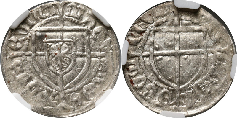 Zakon Krzyżacki, Konrad V von Erlichshausen 1441-1449, szeląg Waga 1,55 g. Odmia...