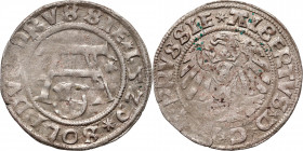 Prusy Książęce, Albrecht Hohenzollern, szeląg 1529, Królewiec, Legenda od dołu