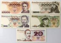PRL, zestaw 5 banknotów, od 20 do 20000 złotych, 1975-1989