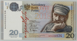 III RP, 20 złotych 2018, 100-lecie odzyskania Niepodległości, Józef Piłsudski, niski numer - RP0000534
