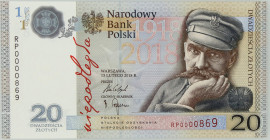 III RP, 20 złotych 2018, 100-lecie odzyskania Niepodległości, Józef Piłsudski, niski numer - RP0000869