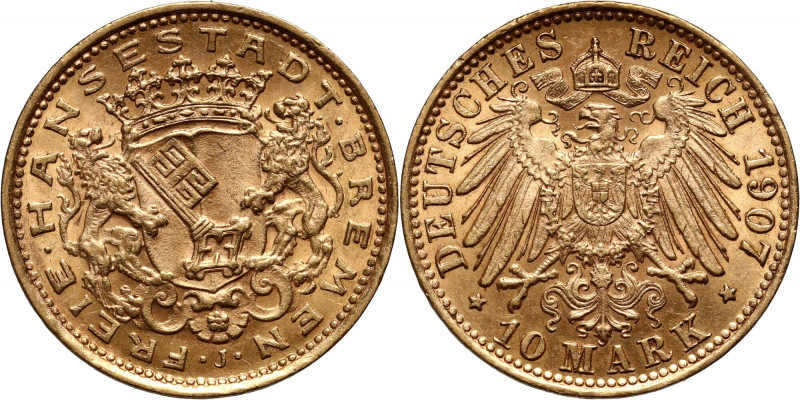 Germany, Bremen, 10 Mark 1907 J, Hamburg Gold 3,97 g. Złoto 3,97 g. Rzadkie i ba...