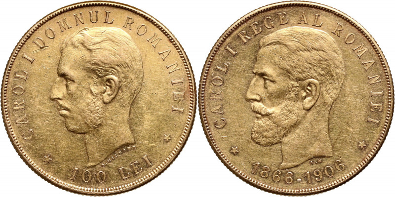 Romania, Carol I, 100 Lei 1906, Brussels Gold 32,23 g. Mintage: 3000 pcs.
 Złot...