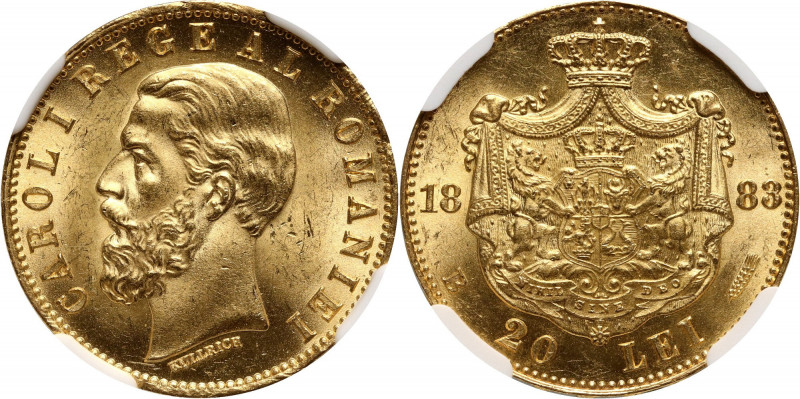 Romania, Carol I, 20 Lei 1883 B, Bucharest Gold. Top pop. Single finest graded i...