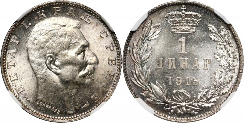 Serbia, Peter I, Dinar 1915, Paris Variant with designer name. Odmiana z nazwisk...