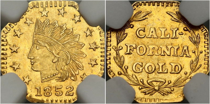 USA, California Gold 1852, Indian Złoto. Pięknie zachowane. Reference: Wreath #8...