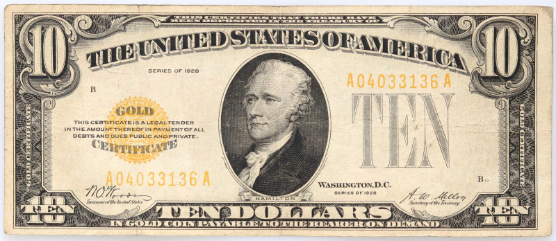 USA, 10 Dollars 1928, Gold Certificate, series A Number A04033136A. Gold Certifi...