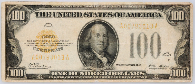 USA, 100 Dollars 1928, Gold Certificate, series A Number A00793013A; signatures&...