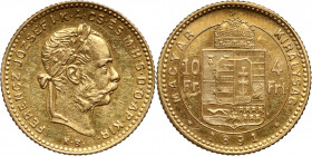 Hungary, Franz Joseph I, 4 Forint = 10 Francs 1891 KB, Kremnitz