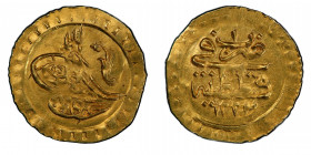 Mahmud II 1223-1255 AH
1/4 Zeri Mahbub, AH 1223/1, AU 0.65 g.
Fr. 88
PCGS UNC DETAIL