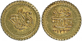 Mahmud II 1223-1255 AH
1/4 Zeri Mahbub, AH 1223/8, AU 0.65 g.
Fr. 88
NGC MS 63