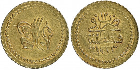 Mahmud II 1223-1255 AH
1/4 Zeri Mahbub, AH 1223/12, AU 0.65 g.
Fr. 88
NGC MS 62