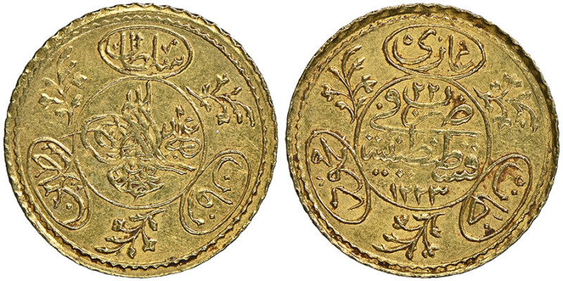 Mahmud II 1223-1255 AH
1/2 Hayriye, AH 1223/22, AU 0.9 g.
Fr. 107
NGC MS 62