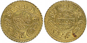 Mahmud II 1223-1255 AH
1/2 Hayriye, AH 1223/24, AU 0.9 g.
Fr. 107
NGC MS 65