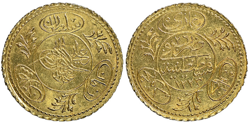 Mahmud II 1223-1255 AH
1/2 Hayriye, AH 1223/26, AU 0.9 g.
Fr. 107
NGC MS 67