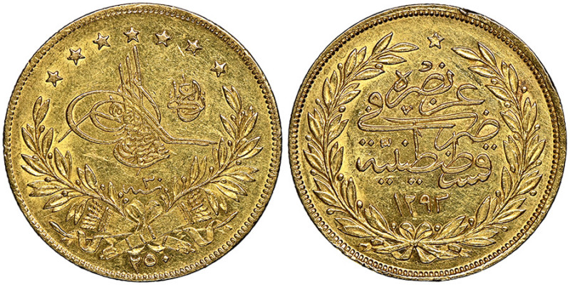 Abdul Hamid 1293-1327 AH
250 Kurush, AH 1293/30, AU 18.04 g.
Fr. 142
NGC MS 61