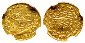 Abdul Hamid 1293-1327 AH
25 Kurush, AH 1293/32, AU 1.80 g.
Fr. 145
NGC AU 58