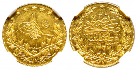 Mehmed V 1327-1336 AH
100 Kurush, AH 1327/1, AU 7.22 g.
Fr. 154
NGC AU 58