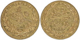 Mehmed V 1327-1336 AH
100 Kurush BURSA, AH 1327/1, AU 7.22 g.
Fr. 167
NGC AU 53. Rare