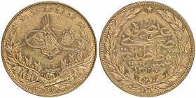 Mehmed V 1327-1336 AH
100 Kurush, AH 1327/8, AU 7.22 g.
Fr. 160
NGC AU 58