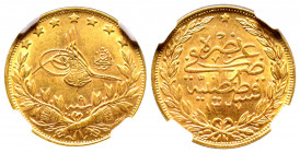 Mehmed V 1327-1336 AH
100 Kurush, AH 1327/9, AU 7.22 g.
Fr. 160
NGC MS 62