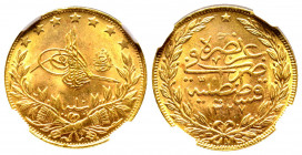 Mehmed V 1327-1336 AH
100 Kurush, AH 1327/10, AU 7.22 g.
Fr. 160
NGC MS 64. Top Pop : le plus beau gradé
