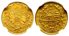 Mehmed V 1327-1336 AH
50 Kurush, AH 1327/2, AU 3.60 g.
Fr. 155
NGC MS 63