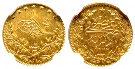 Mehmed V 1327-1336 AH
50 Kurush EDIRNE, AH 1327/2, AU 3.60 g.
Fr. 173
NGC MS 63. Rare