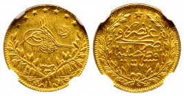 Mehmed V 1327-1336 AH
50 Kurush, AH 1327/4, AU 3.60 g.
Fr. 155
NGC MS 62