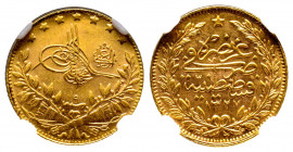 Mehmed V 1327-1336 AH
50 Kurush, AH 1327/9, AU 3.60 g.
Fr. 155
NGC MS 63+