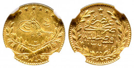 Mehmed V 1327-1336 AH
25 Kurush, AH 1327/2, AU 1.80 g.
Fr. 157
NGC MS 62