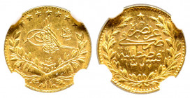 Mehmed V 1327-1336 AH
25 Kurush, AH 1327/4, AU 1.80 g.
Fr. 157
NGC MS 63