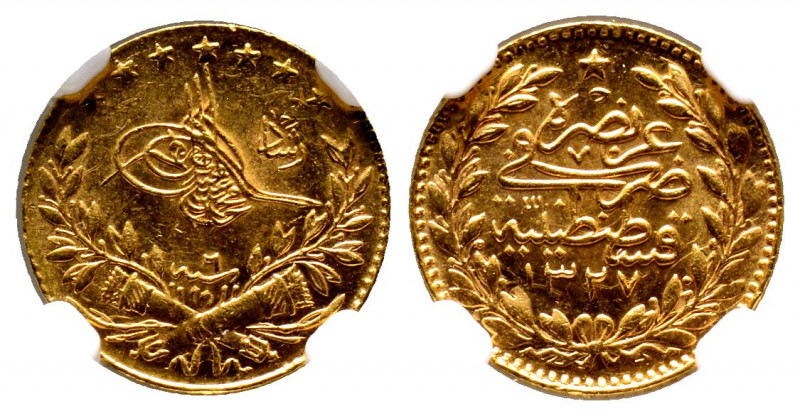 Mehmed V 1327-1336 AH
25 Kurush, AH 1327/6, AU 1.80 g.
Fr. 157
NGC MS 63