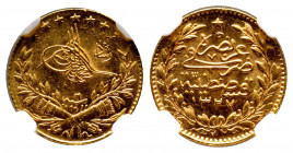 Mehmed V 1327-1336 AH
25 Kurush, AH 1327/6, AU 1.80 g.
Fr. 157
NGC MS 63