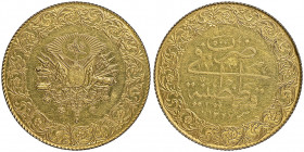 Mehmed V 1327-1336 AH
500 Kurush DE LUXE, AH 1327/5, AU 35.08 g.
Fr. 178
NGC MS 60