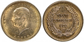 President Kemal Ataturk
25 Kurush, 1923/50, AU 1.80 g.
Fr. 207
NGC MS 65 Top Pop: le plus beau gradé