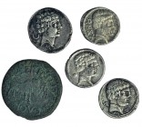 4 denarios: Arsaos, Bascunes, Sekobirikes y Turiasu y as de Calagurris con resello de cabeza de águila en el anv. Total 5 monedas. Calidad media mbc.