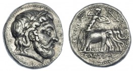 REINO SELÉUCIDA. Seleuco I. Tetradracma (312-280 a.C.). A/ Cabeza de Zeus a der. R/ Atenea con lanza y escudo en cuádriga de elefantes, ancla en el ca...