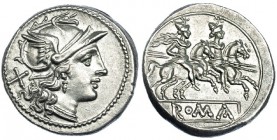 ACUÑACIONES ANÓNIMAS. Denario. Sur de Italia (200-190 a.C.). R/ Los Dióscuros a caballo a der., encima estrellas; ROMA en el exergo. FFC-7. SB-2. EBC....