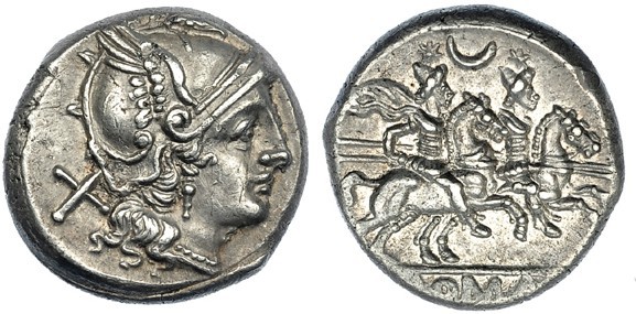 ACUÑACIONES ANÓNIMAS. Denario. Roma (208-206 a.C.). R/ Los Dióscuros a caballo a...